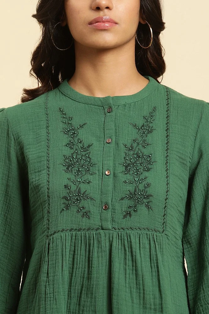 Buy Dark Green Embroidered Western Top Online - W for Woman