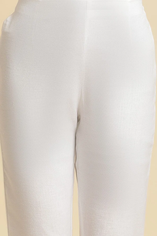 Buy Ecru Solid Cotton Flax Slim Pants Online - W for Woman
