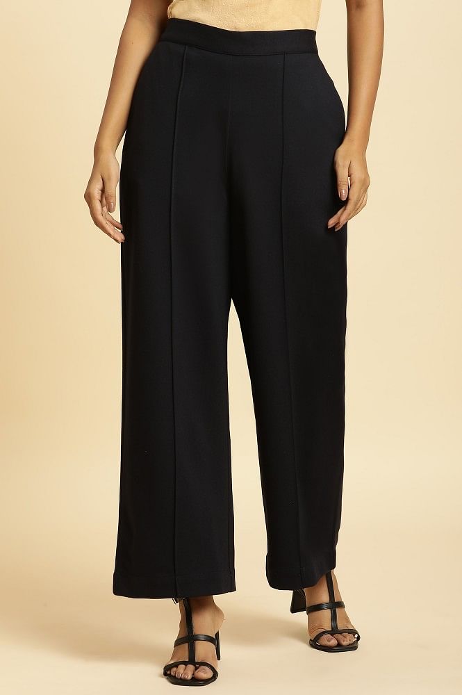 Navy blue super 120s pure wool high waisted flat-front Wide leg Pants |  Sumissura
