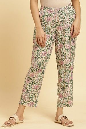Ecru Straight Pants With Multi-Coloured Floral Print