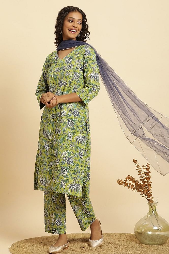 Printed Readymade Salwar Suit-Light Green (Size: L) - Pehnava Kart