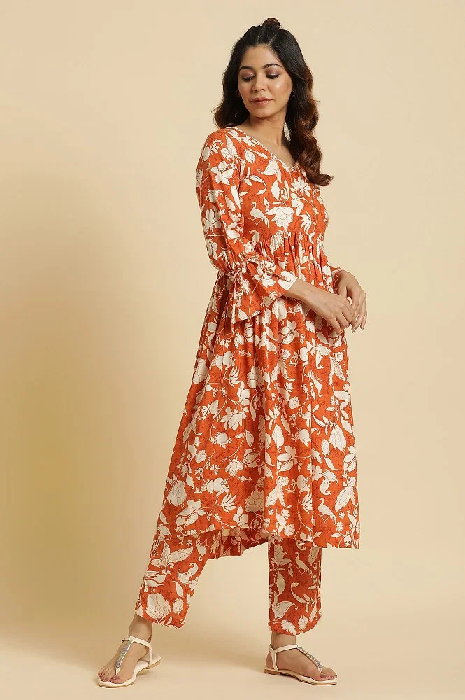 Buy Dark Orange Floral Printed Kurta & Pants Co-ord Set Online - W