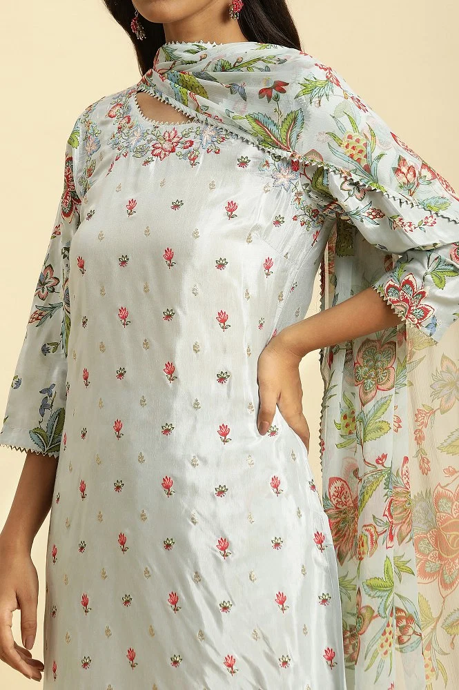 Buy Sky Blue Floral Printed Kurta, Pants And Dupatta Set Online - W for  Woman