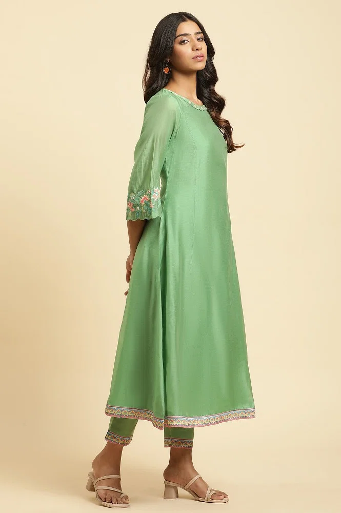 Buy Green Embroidered Kurta, Pants And Printed Dupatta Set Online