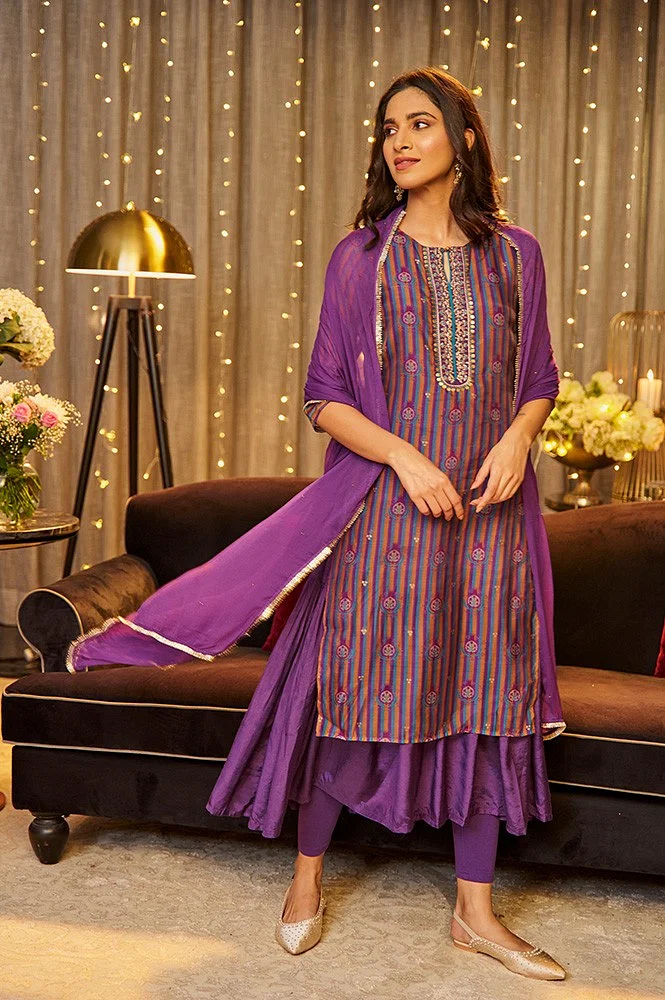 Purple Layered Suzani Printed Kurta, Tights And Dupatta Set