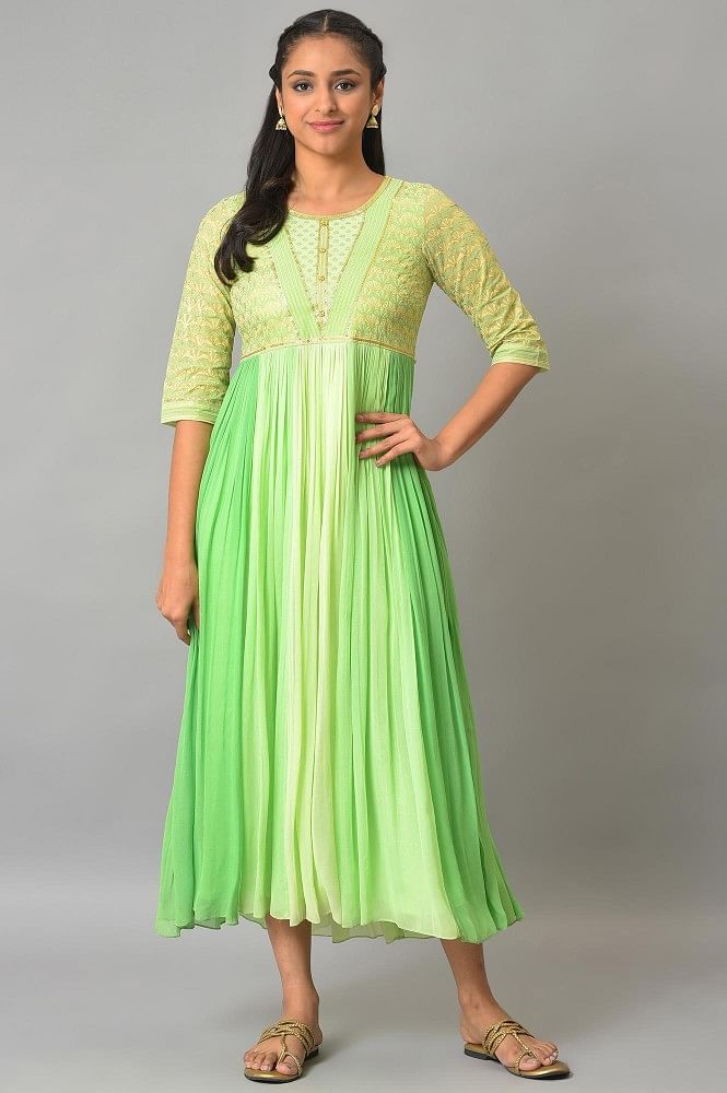 Buy Parrot Green Gown With Hand Embroidery And Layered Bell Sleeves Online  - Kalki Fashion