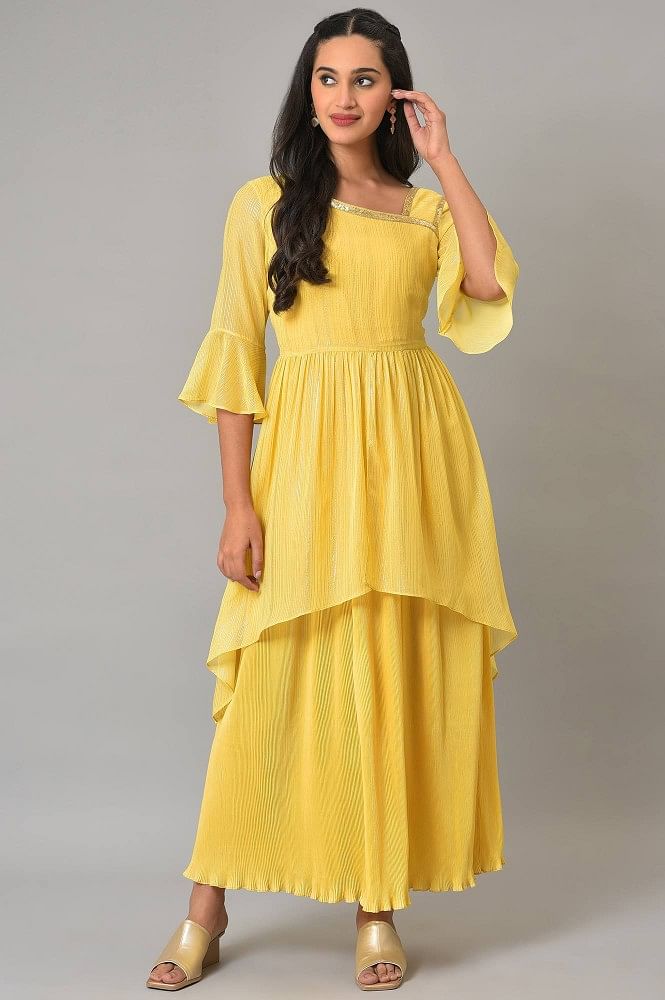 Buy Mustard Cotton Jacquard Embellished Tiered Ethnic Dress With Dupatta by  Designer SCAKHI for Women online at Kaarimarket.com