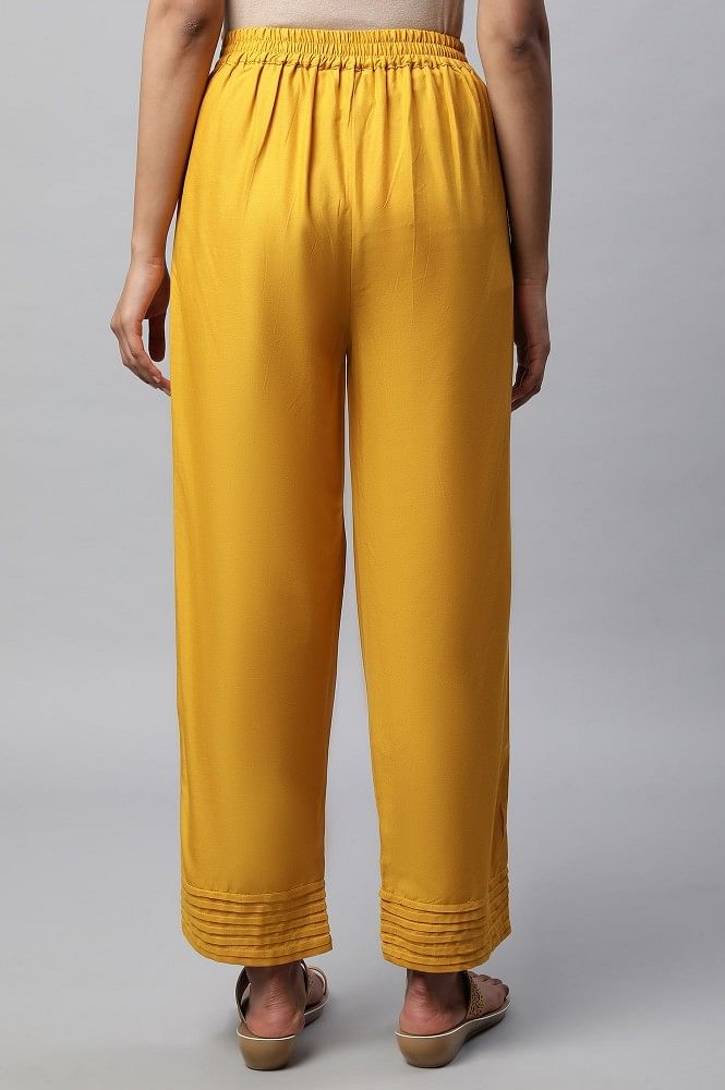 Classy yellow Chanderi wide leg palazzo pant with mirror embroidery on   Sujatra
