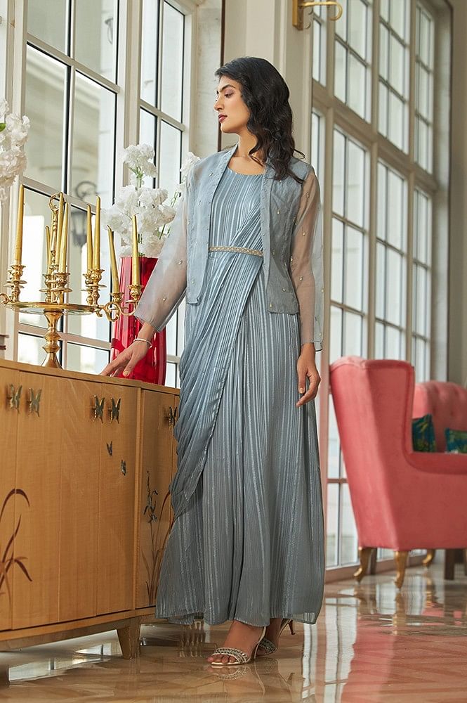 Shop Maroon Elysian Embroidered Draped Dress & Short Jacket Set by SEJAL  KAMDAR at House of Designers – HOUSE OF DESIGNERS