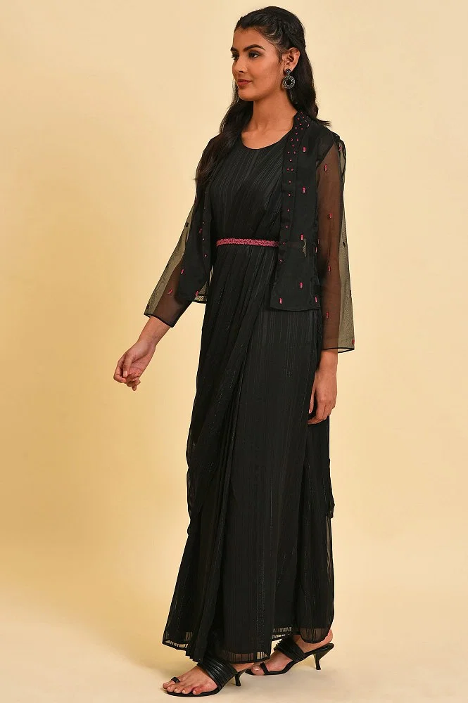 W for Woman Black Festive Predrape Saree With Short Jacket