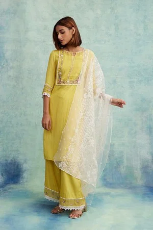 Women's Palazzo Kurta Suit, Yellow Women Kurti With White Sharara With Free  Inner Slip, Chikan Embroidery Ladies Dress, Georgette Kurta Set - Etsy