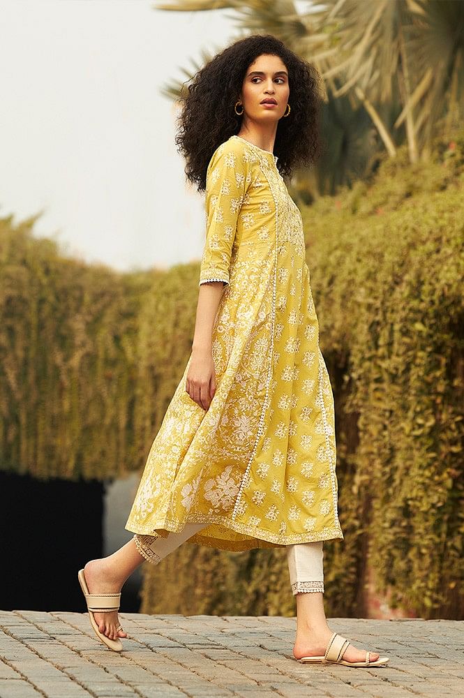 aakara yellow printed kurti with plain navy blue plazzo | Stylish dress  designs, Long kurti designs, Kurti neck designs