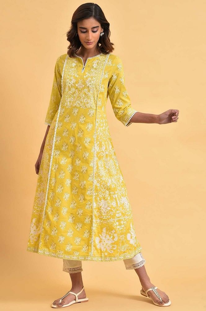 Yellow Printed With Sequins Embroidered Rayon Kurti