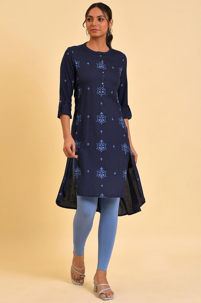 Anouk - By Myntra Kurti Set For Women Indian Style V-Neck Navy Blue  Geometric Printed Pure Cotton Calf Length And Checked Regular Kurta with  Trousers Kurti Set Party Wear - Walmart.com