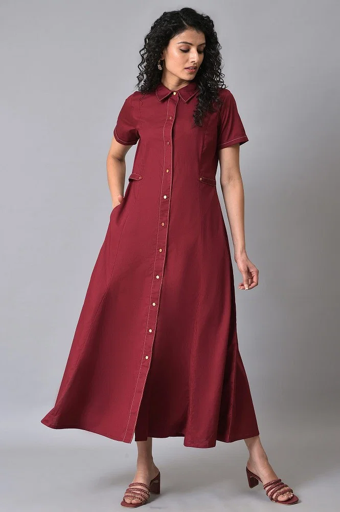 Buy Maroon Cotton Summer Shirt Dress Online - W for Woman
