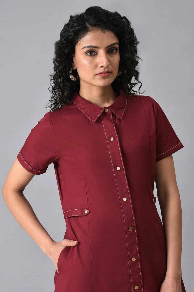 Buy Maroon Plus Size Cotton Summer Shirt Dress Online - Shop for W