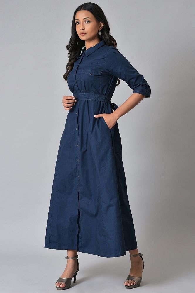 Stradivarius long denim dress in medium blue | ASOS