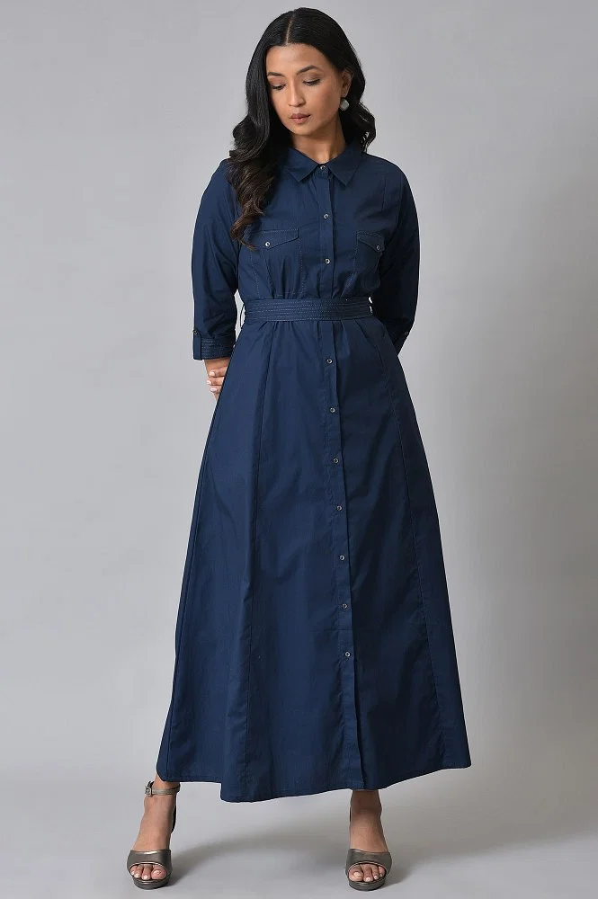 Plus Size Navy Blue Long Shirt Dress With Belt