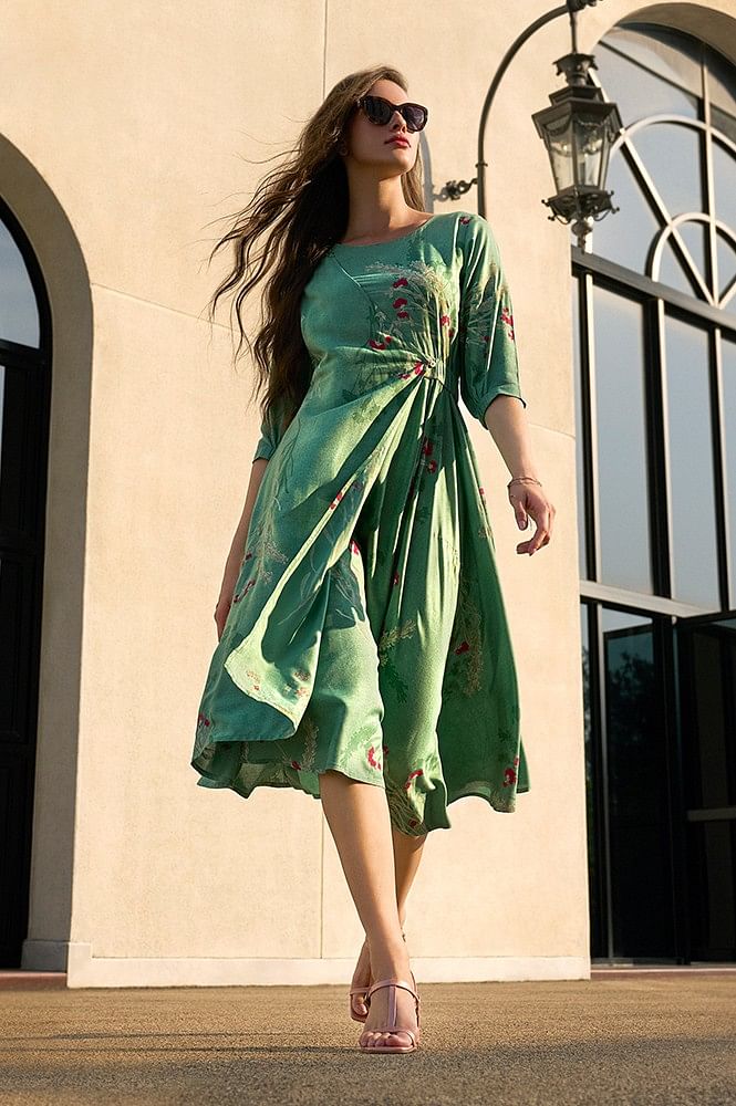 Womens Georgette Green Floral Printed Indo Western Dress | S3G884 – S3  Fashions