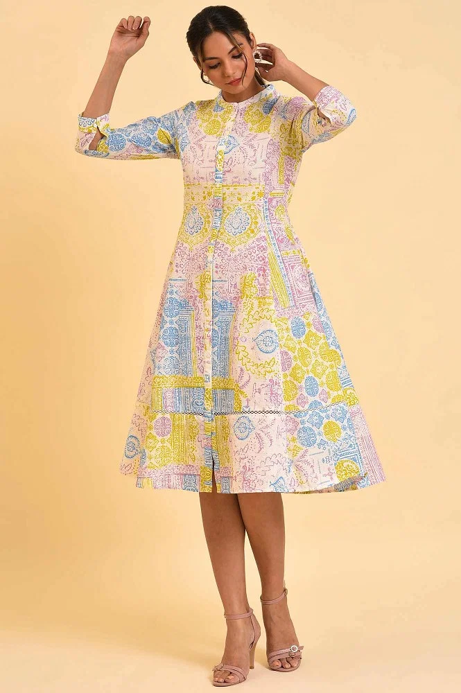 Multi-Coloured Printed Flared Dress With Belt