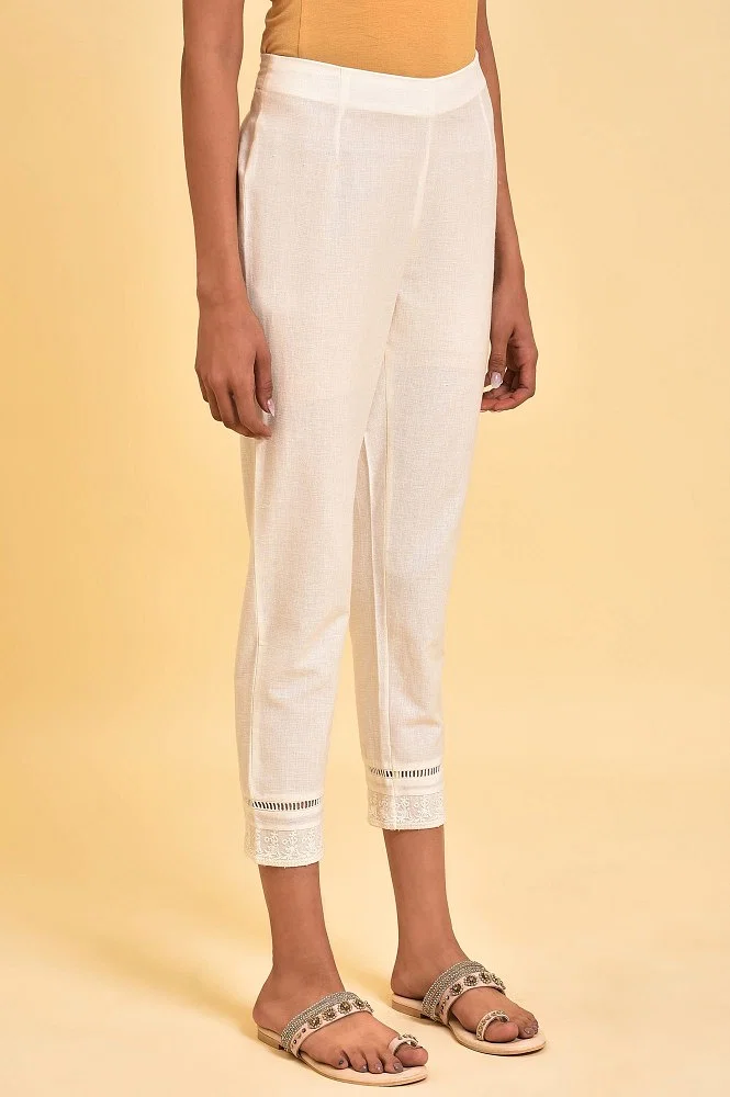 Buy Ecru Solid Slim Pants With Lace Online - W for Woman