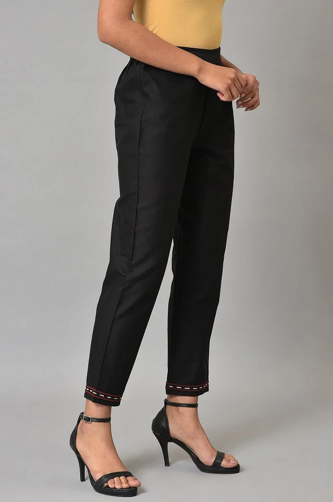 Buy Black Slim Pants With Embroidery At Hemline Online - W for Woman