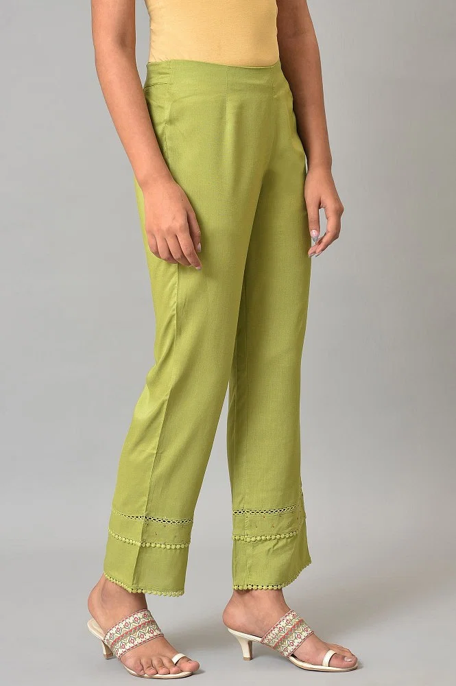 Buy Nile Green Straight Pants With Lace Online - W for Woman