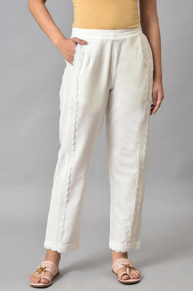 Women's Rayon White Palazzo Pants with Single Lace - Relaxed Fit