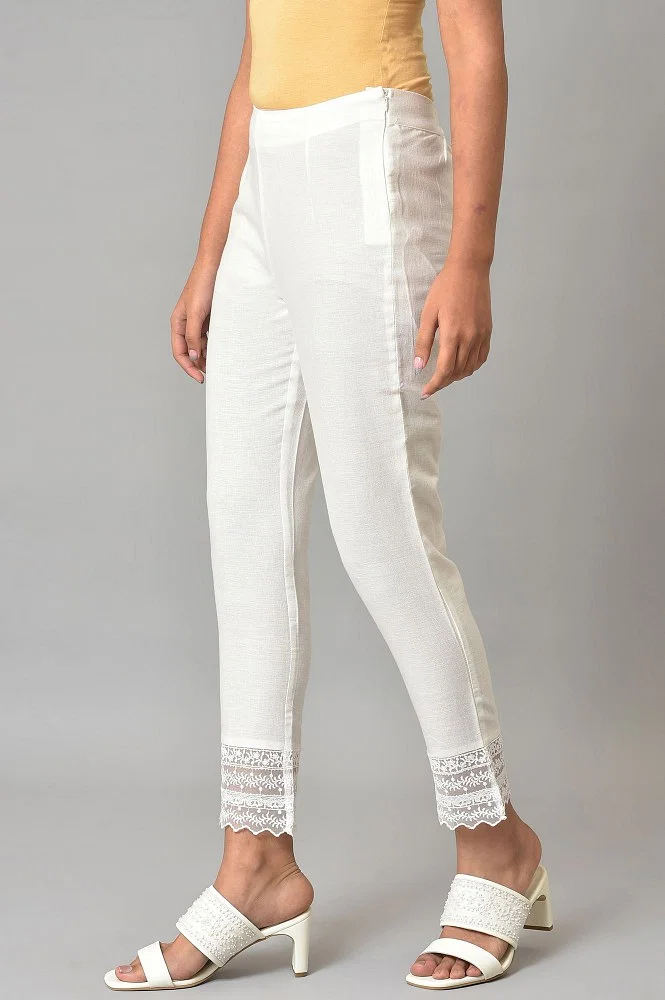 Ecru Solid Slim Pants With Lace