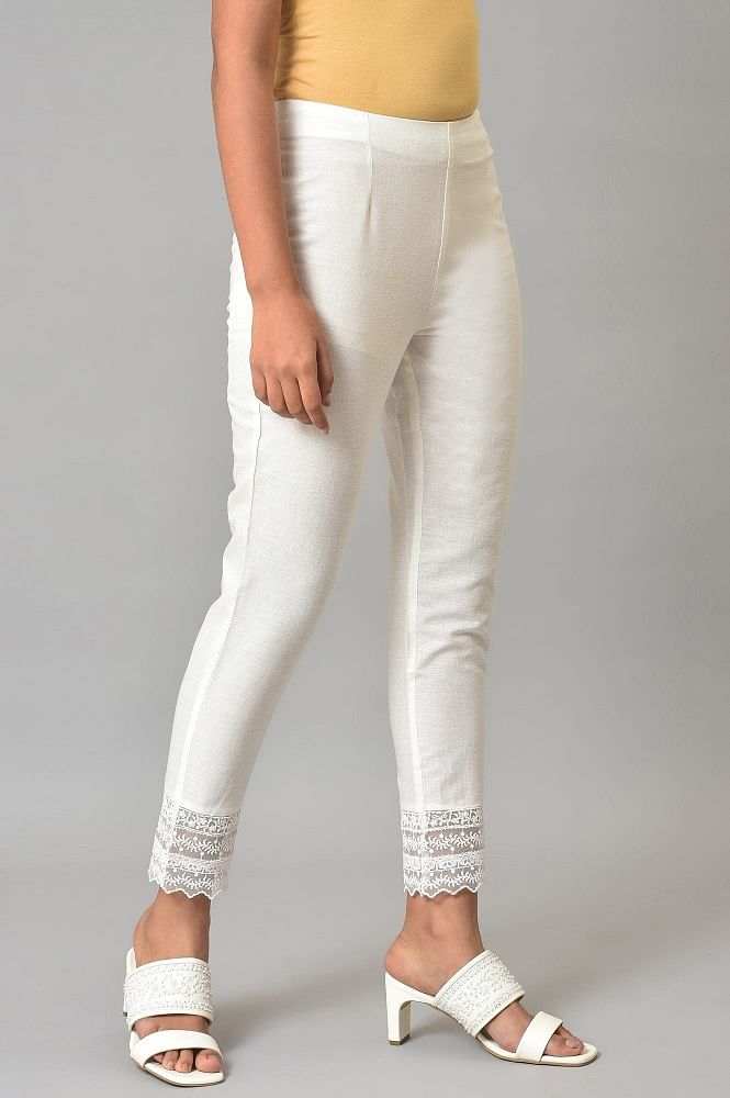 Buy Ecru Solid Slim Pants With Lace Online  W for Woman
