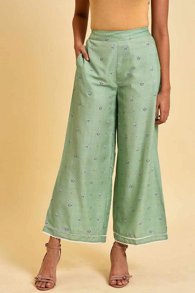 Buy Light Green Floral Printed Plus Size Parallel Pants Online - W for Woman