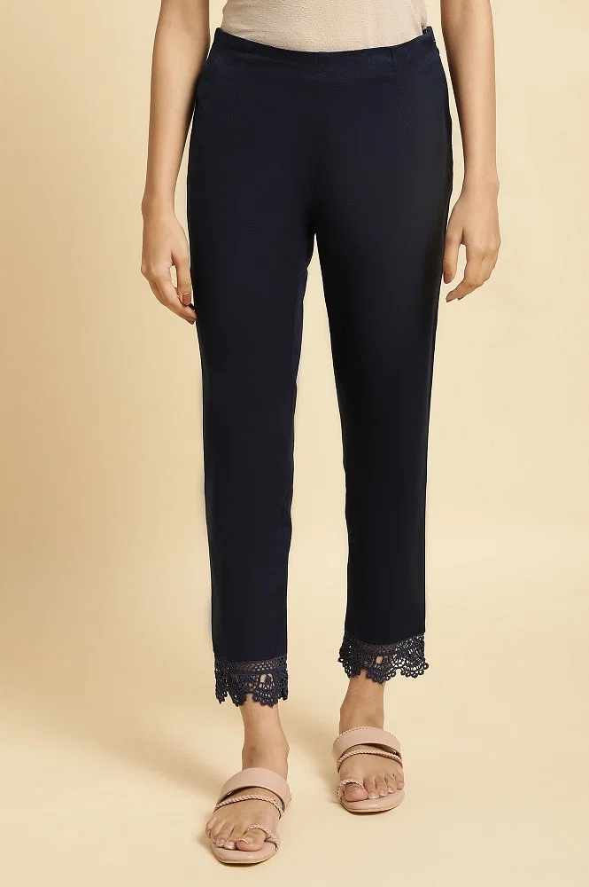 Buy Blue Lace Cotton Flax Slim Pants Online - W for Woman
