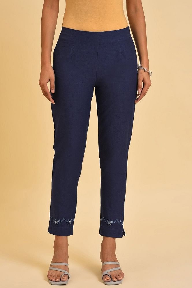 Cotton Silk Pant in Navy Blue  THU1044
