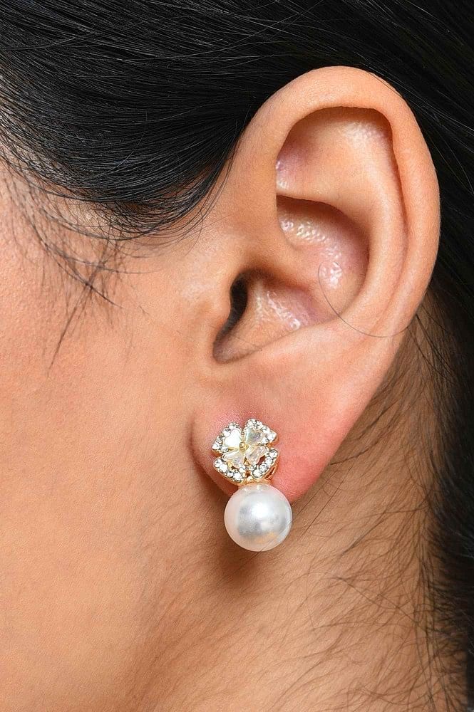 A Earnings|elegant Simulated Pearl Bowknot Stud Earrings For Women - Copper  Zircon
