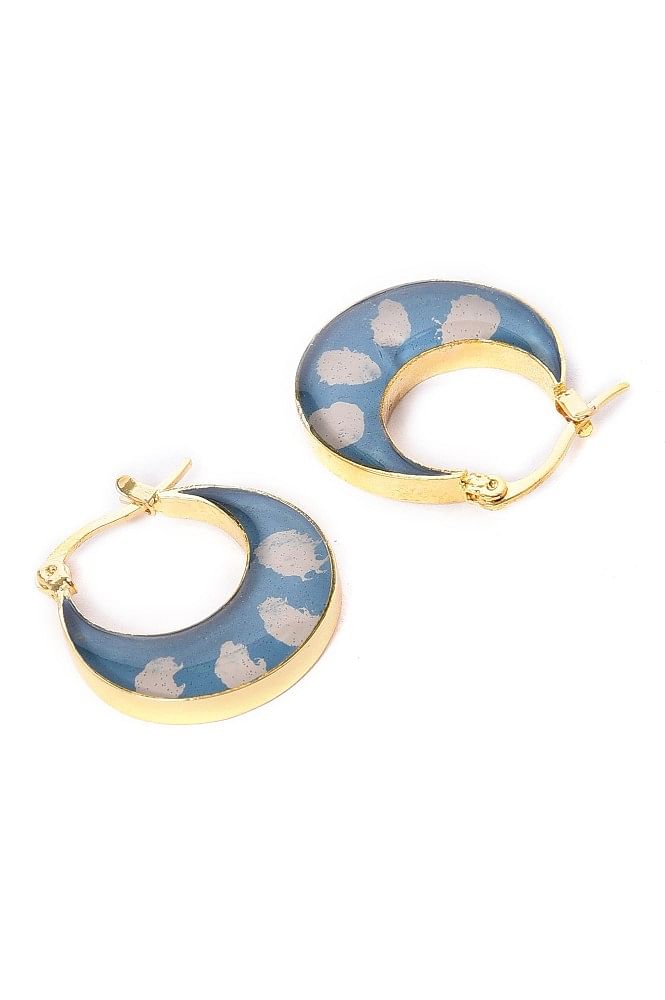 Buy Hoop Earrings with Ceramic Bead - Blue Ajrakh Print Online On Zwende