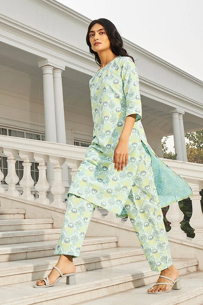Buy Light Green Printed Kurta And Pants Co-ord Set Online - W for Woman