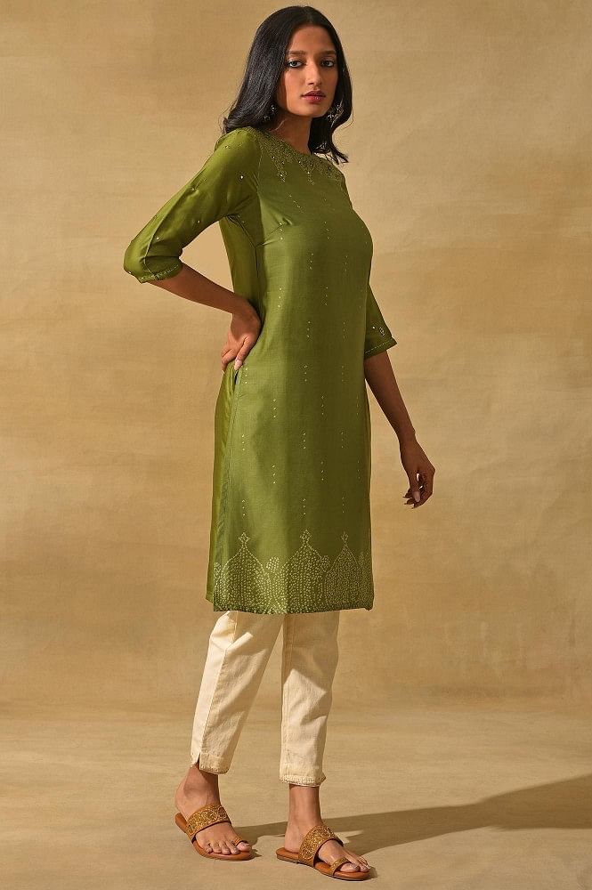 Buy Olive Green Art Silk Kurti with Pant at Khushkar