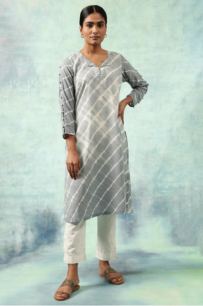 Buy Sarai Jaipur Woman Rayon Lahariya Print Nayra Cut Kurti|Striped Design|3/4  Sleeve|Straight Embroidery Work|Round Neck Casual Kurti for Wedding, Office  & Special Occasion(Only Kurti) (Green,X-Large) at Amazon.in