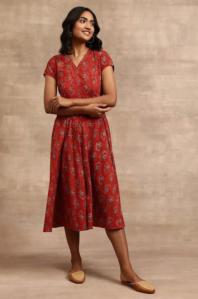 Buy Red Cotton Flared Printed Dress (Top) for INR3499.30 | Biba India