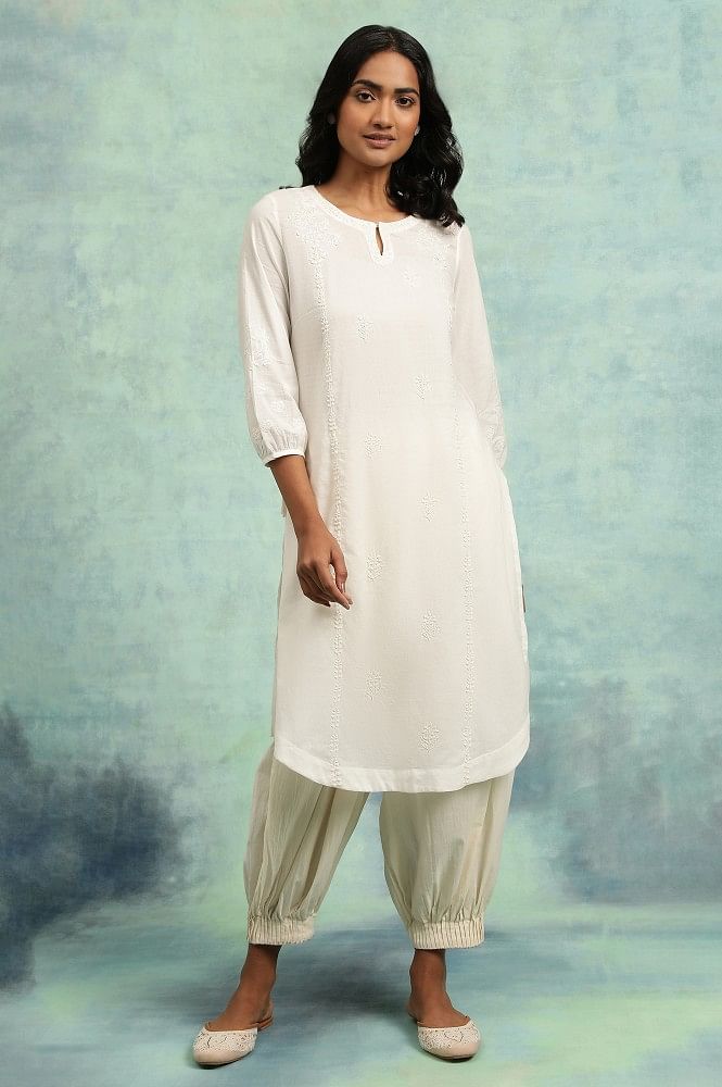 Buy Off White Kurta Set with Low Crotch Cowl Pants without Dupatta