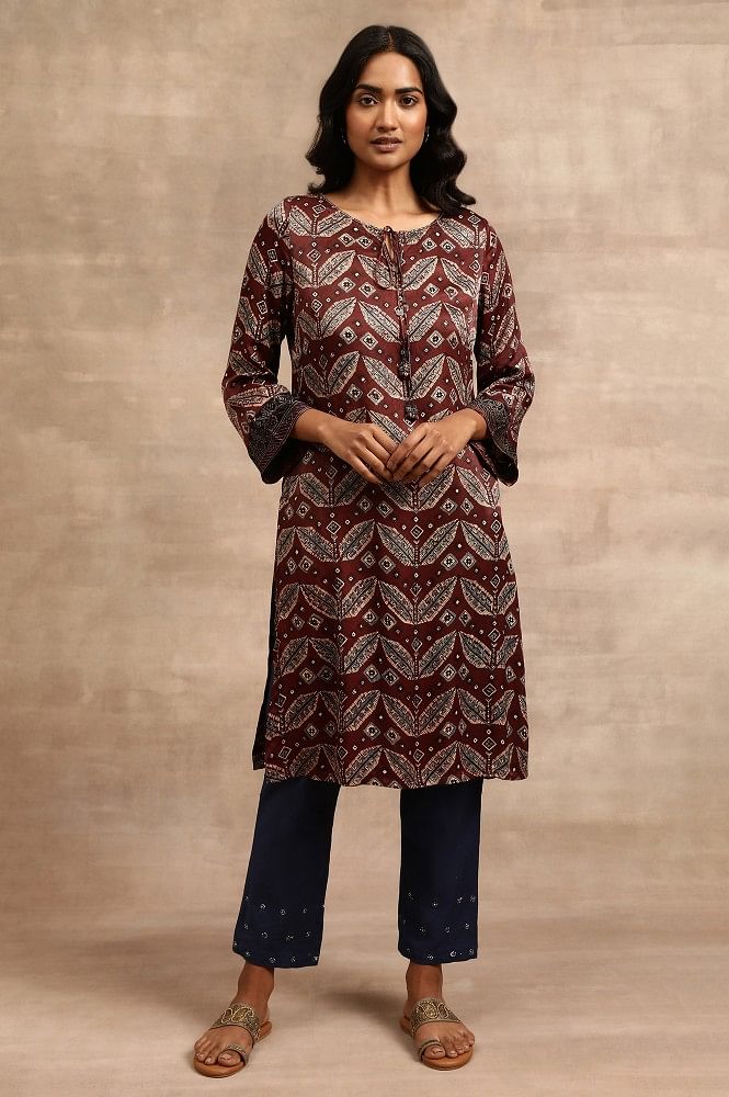 Beautiful Maroon Striped Ajrakh Print A-Line Dress – Sujatra