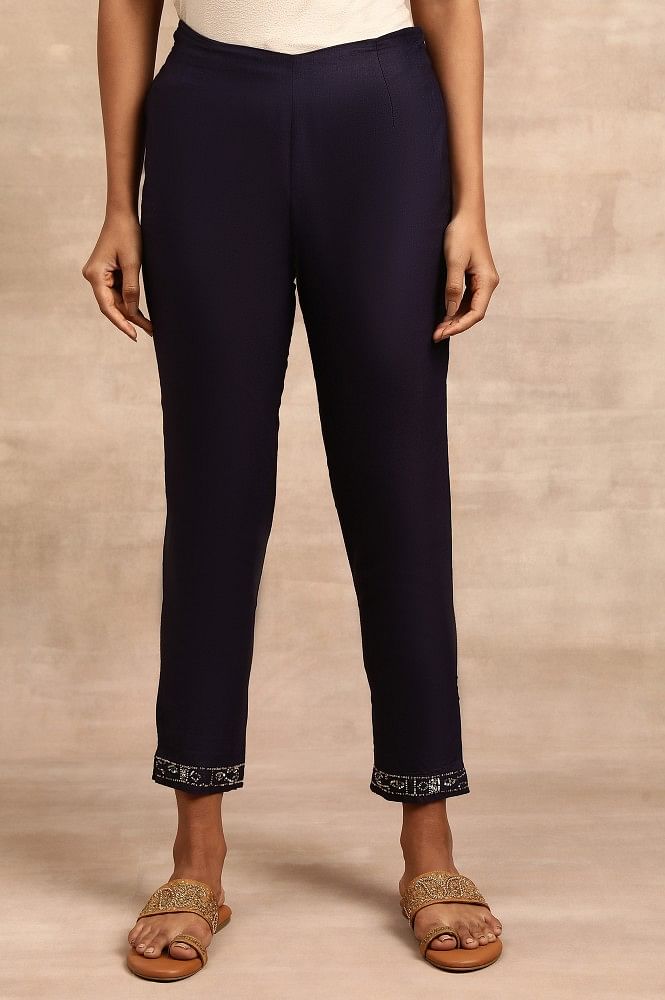 Buy Blue Solid Slim Pants In Silk Viscose Tussar Online - W for Woman
