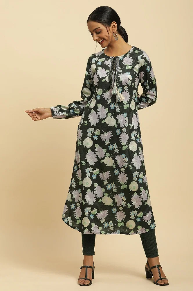 Buy Green Floral Printed Winter Kurta And Tights Set Online - W for Woman