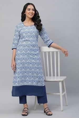 

White Straight Kurta in Indigo Floral Print