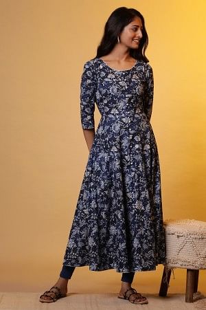 Indigo Block Printed Knee Length Dress – Missprint India