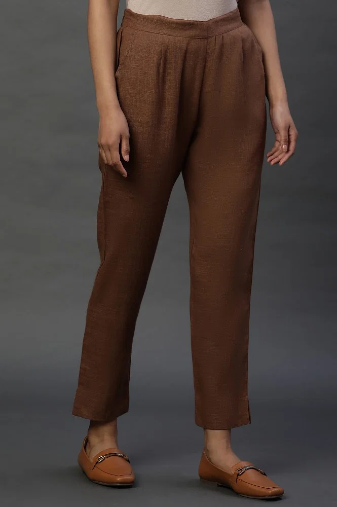 Buy Brown Rayon Flax Trouser Pants Online - Aurelia