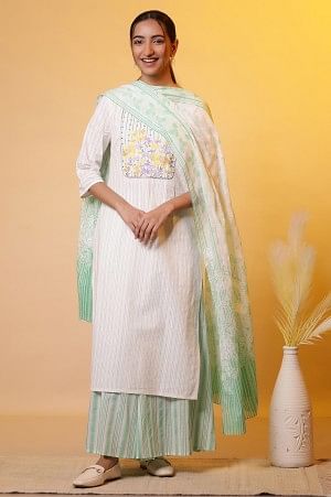 

White Cotton Dupatta with Green Stripes and Floral Print