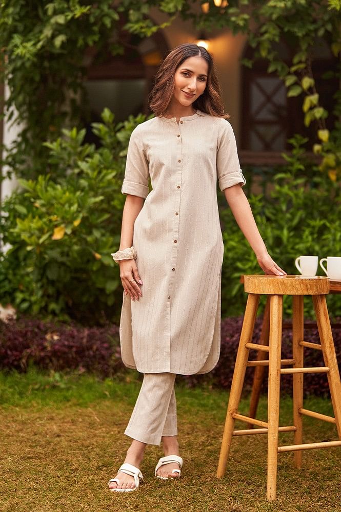 Beige with Lurex Stripes Kurta and Palazzo Co-ord Set