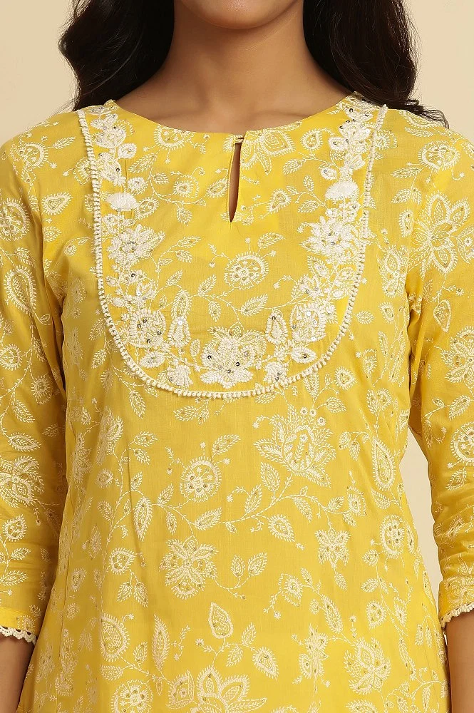 Buy Yellow Printed A-line Cotton Kurta Online - W for Woman