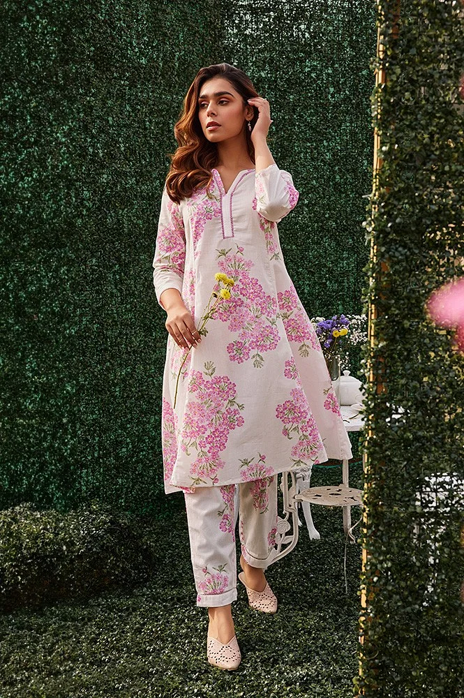 Buy White Flared Floral Printed Kurta And Pants Set Online - W for Woman